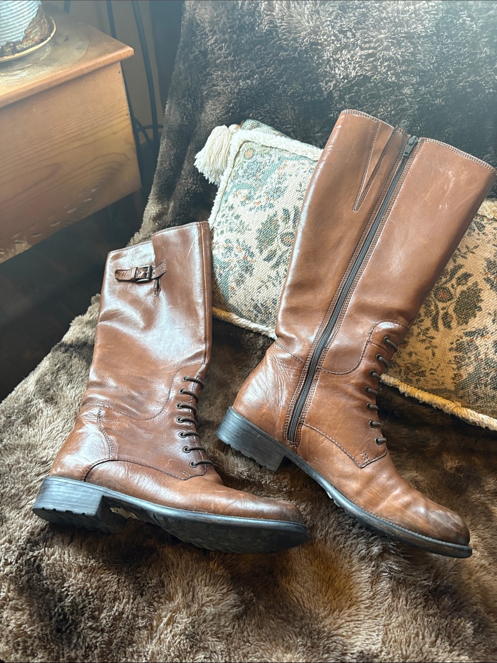 Women's Tall Brown Leather Lace-Up Riding Boots - Picture 2 of 3